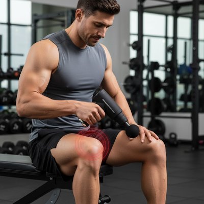 Pistolet de massage tenu par homme qui masse quadriceps