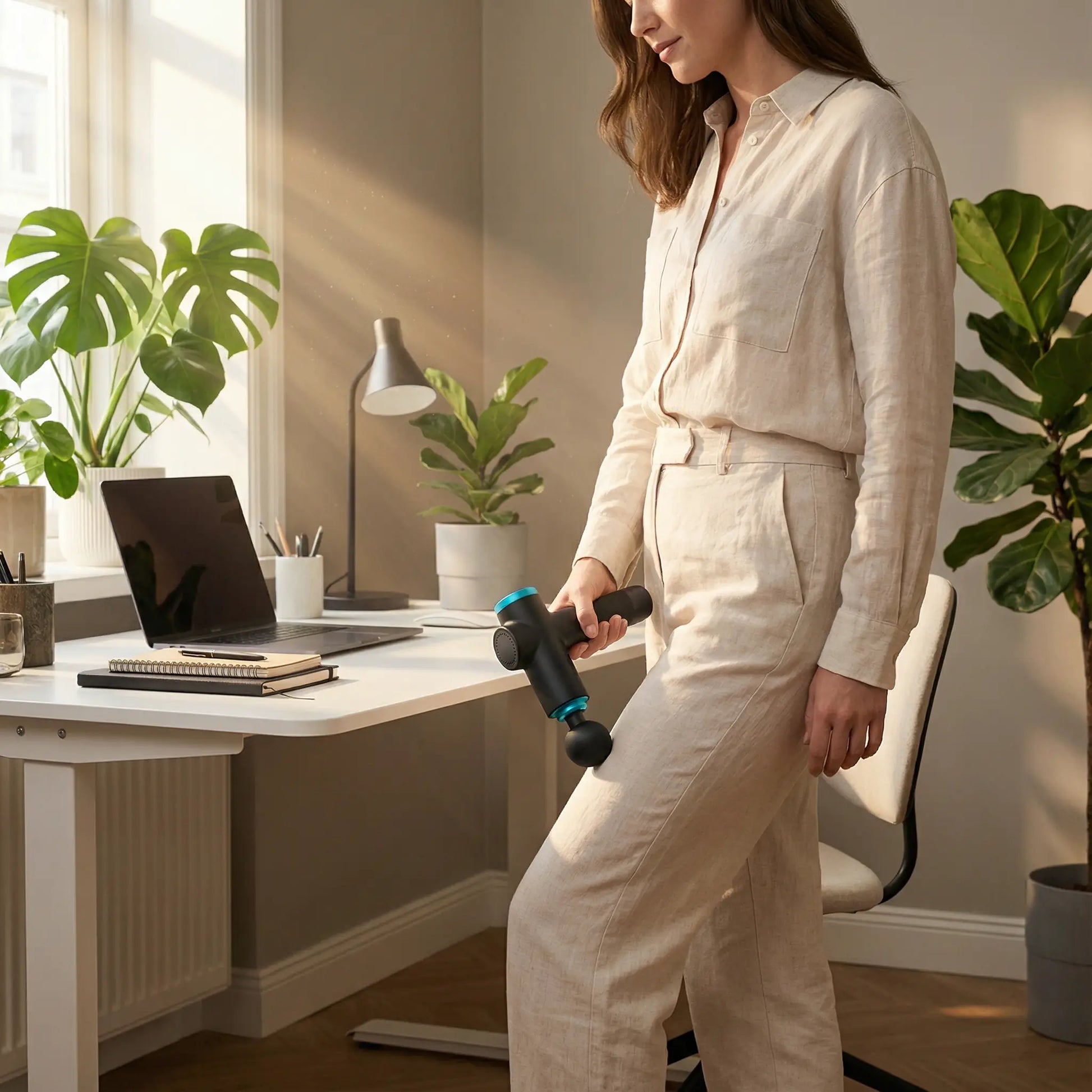 Pistolet massage femme masse cuisse au bureau