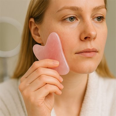  gua sha rose sur la joue