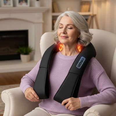 Masseur cervical femme âgée assise sofa