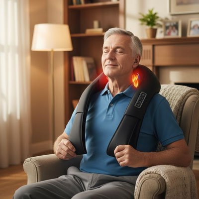 Masseur cervical homme âgé assis sofa