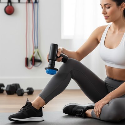 Pistolet de massage tenu par femme au tibia