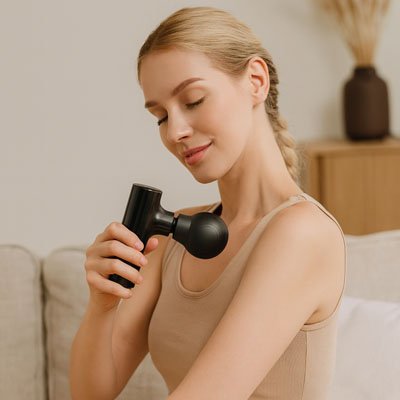 Pistolet de massage tenu par femme épaule