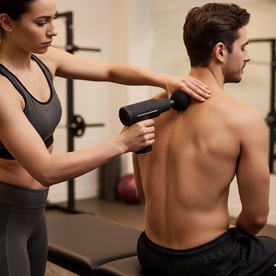 Pistolet de massage tenu par femme qui masse dos homme