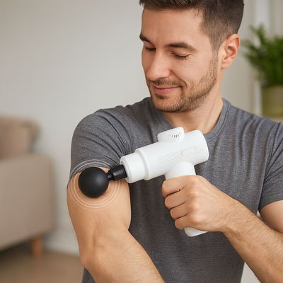 Pistolet de massage tenu par homme au bras