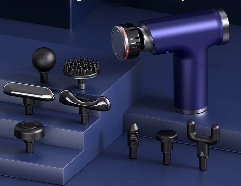 pistolet massage bleu avec tête de massage