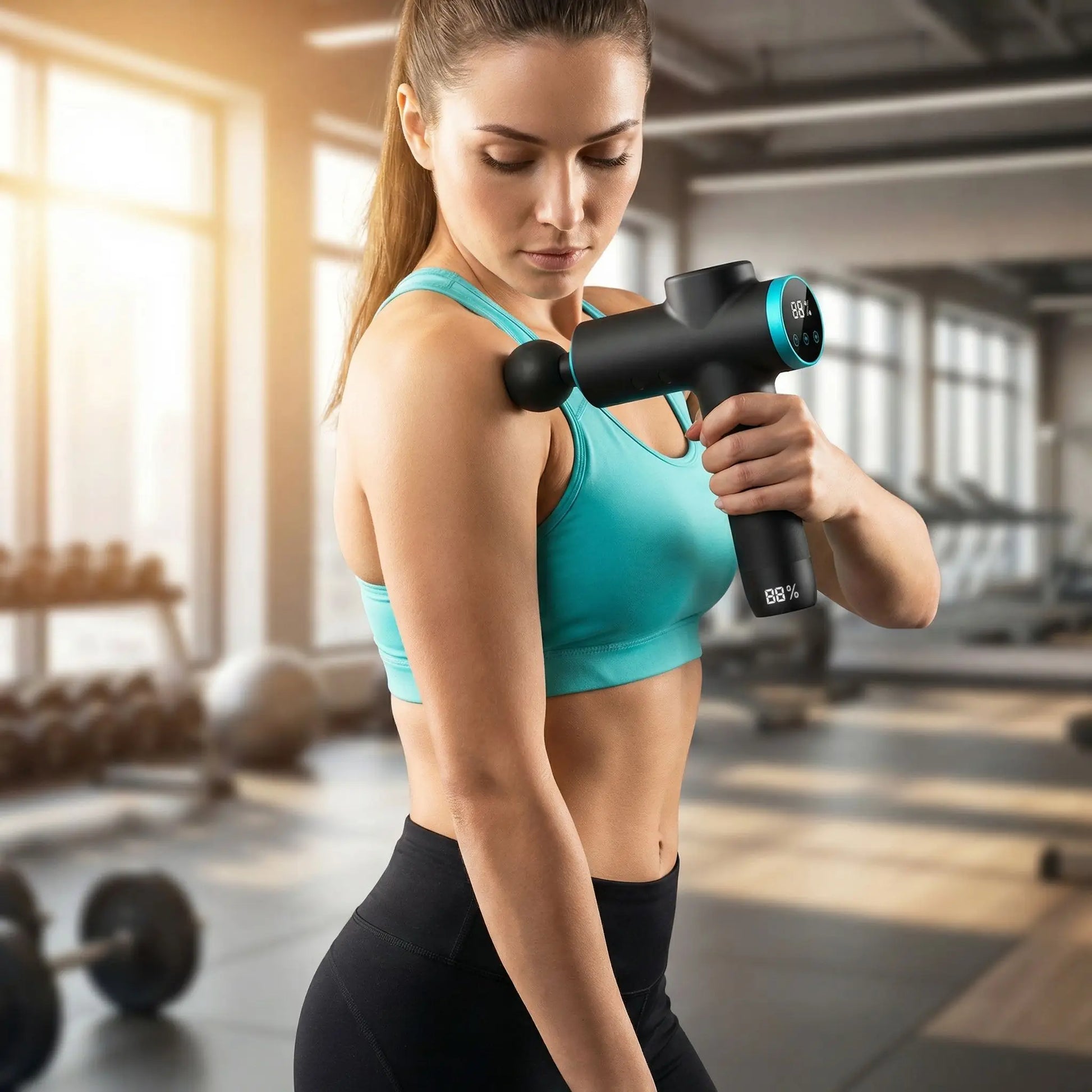 pistolet massage, femme masse épaule à la salle  de sport
